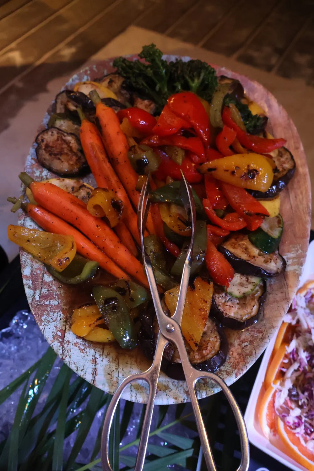 A platter of grilled vegetables — peppers, carrots, eggplant, zucchini and broccolini