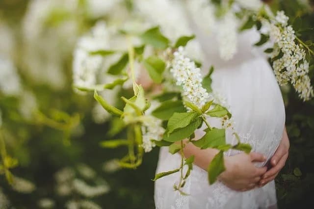 A pregnant woman holding a bouquet of flowers